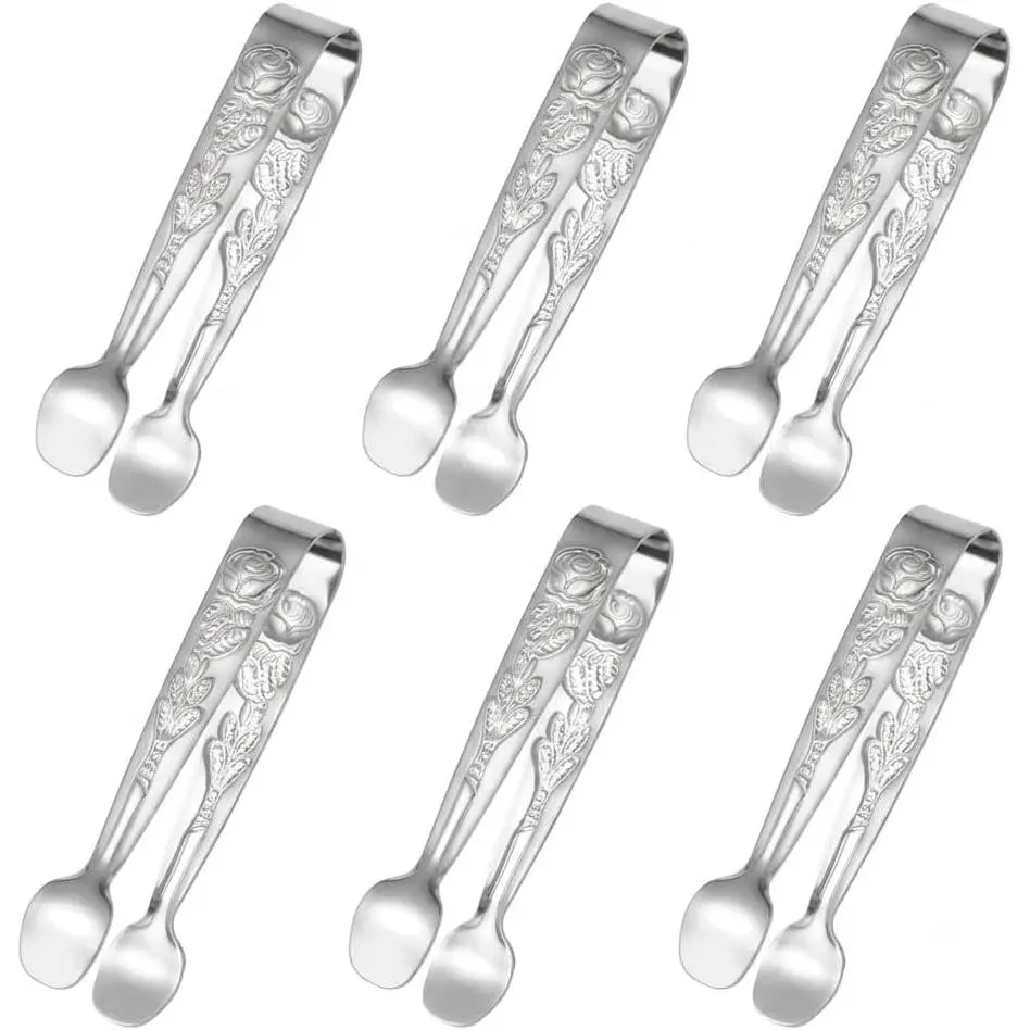 6 count Mini Serving Tongs, 4.33-Inch 304 Stainless Steel Sugar Tongs | Rose-Embossed Tongs For Sugar Cubes, Ice, Appetizers And  Garnishes; Dishwasher Safe For Coffee Bars And  Parties.