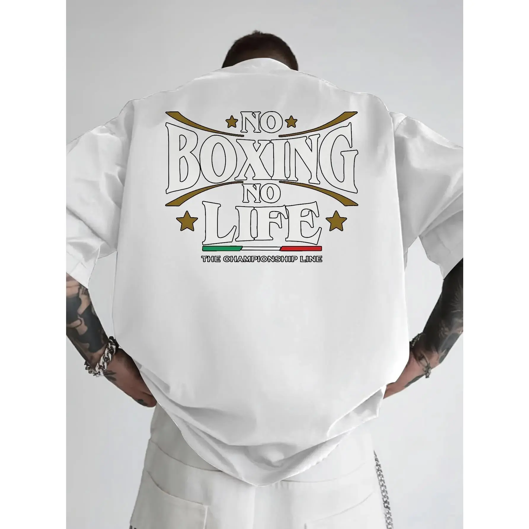 Men's NO BOXING NO LIFE Champ Back Print Boxing Gym Shirt - Soft Pure Cotton Loose Fit Training Top with Bold White & Golden Lettering - Lightweight Breathable Workout Tee for MMA, Streetwear, Boxing Apparel for Fighters & Fans