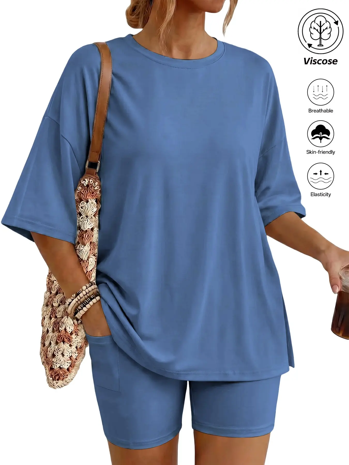 Women 2 Pack Matching Lounge Set, Oversized Side Split Short Sleeve T-Shirt & High Waist Biker Shorts, Soft Casual 2 Piece Outfit, All Seasons Airport Travel Daily Home Loungewear