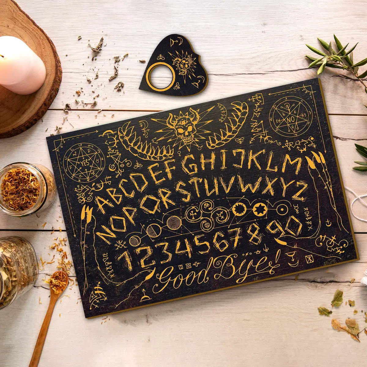 2 Piece Vintage Wooden Ouija Board Set, Gothic Devil Skull Spirit Board, Mystical Witchcraft Divination Kit, Wicca Altar Decor, Spiritual Decor, Halloween Room Ornament