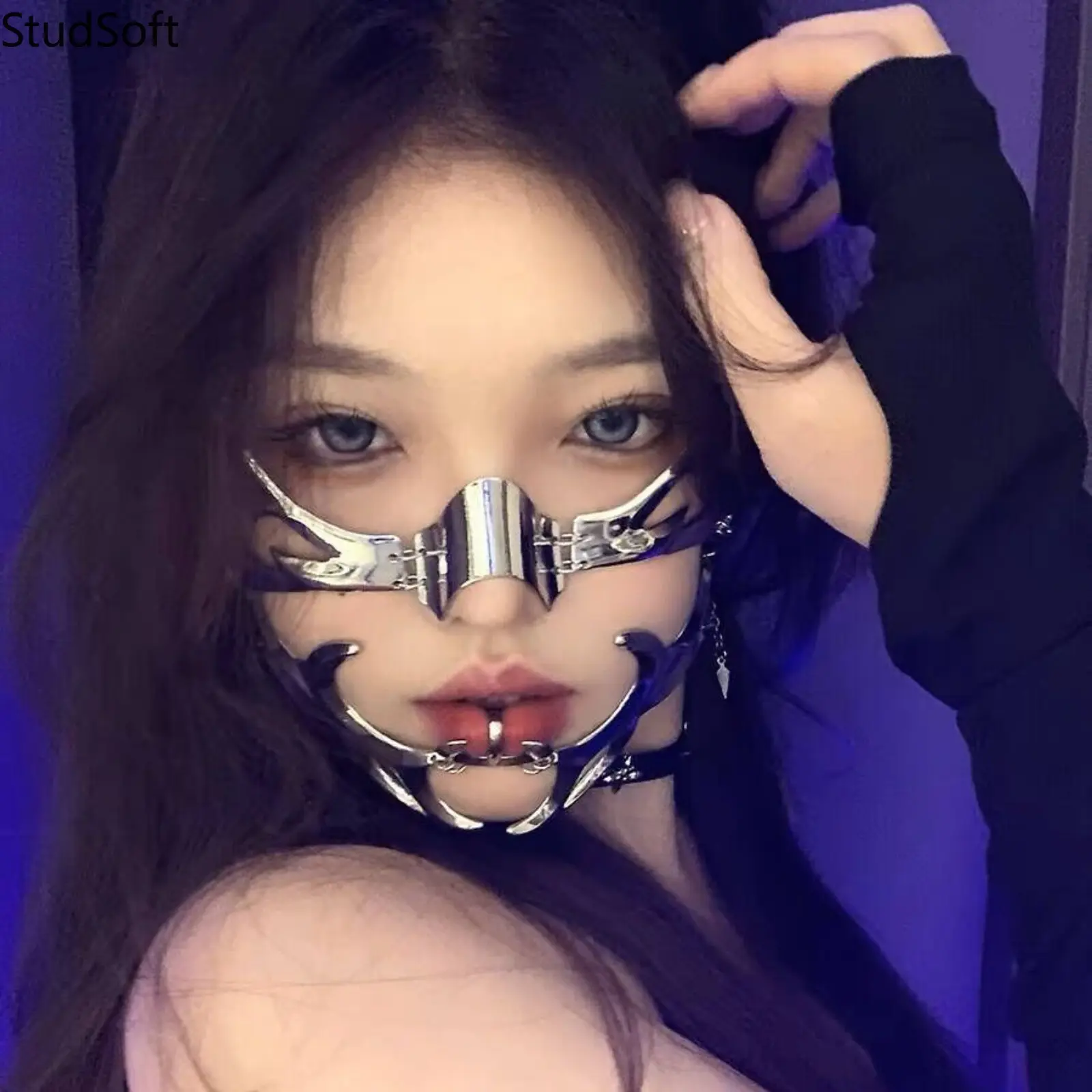 Cyberpunk Goth Accessories, Silver Liquid Metal Face Mask Wear with Nose Ring Hoop, Futuristic Mouth Armor for Halloween Party & Cosplay Event, Costume Mask, Face Masks,back to school,back to school haul