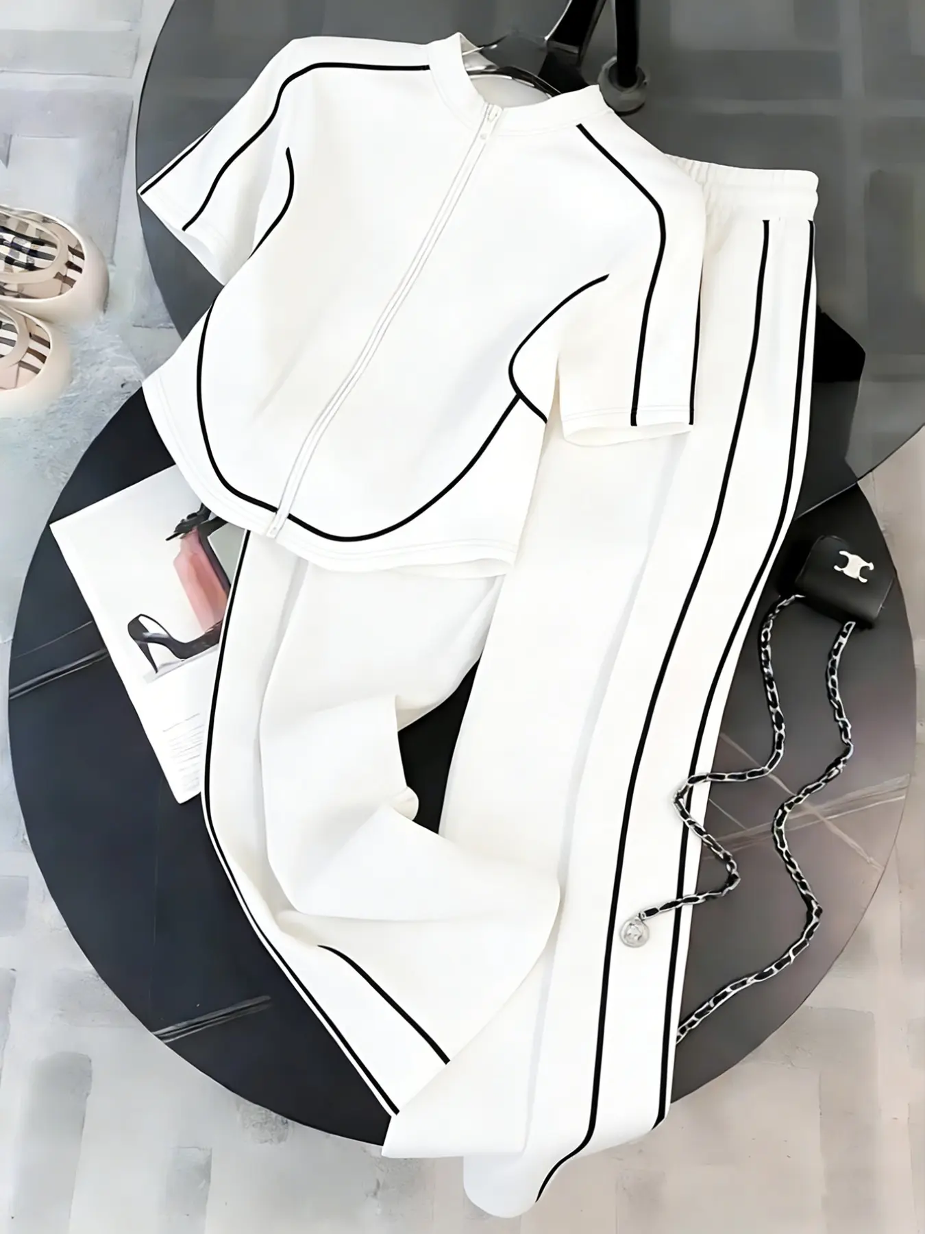 Women's Spring Summer Casual Set, Minimalist Two-Piece Slim Fit Zipper Top & Long Pants, Perfect for Daily Wear, Outdoor, Formal & Casual Suits