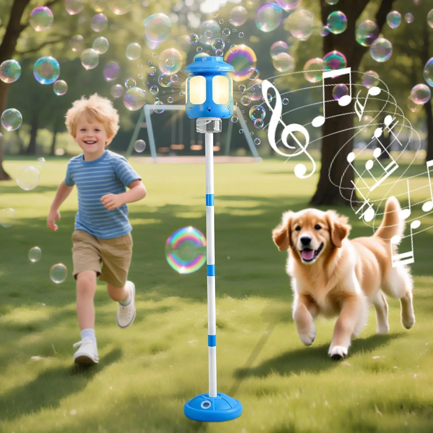 Automatic Outdoor Sports Bubble Machine for Kids - Party Decorations Fun Toy with Lights+Music, Bubble Blower Stand for Toddlers Summer Lawn Games