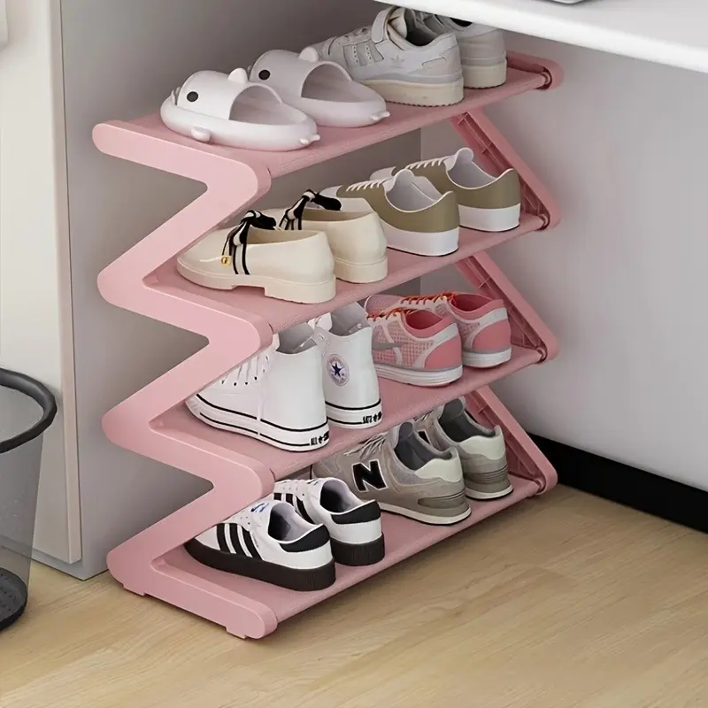 4-Layer freestanding shoe rack - Z-shaped stackable shoe rack with metal frame and plastic shelf, tool-free assembly, space-saving floor-mounted lockers, durable home and dorm essentials, shoe storage entryway, shoe storage organizer, sturdy construction
