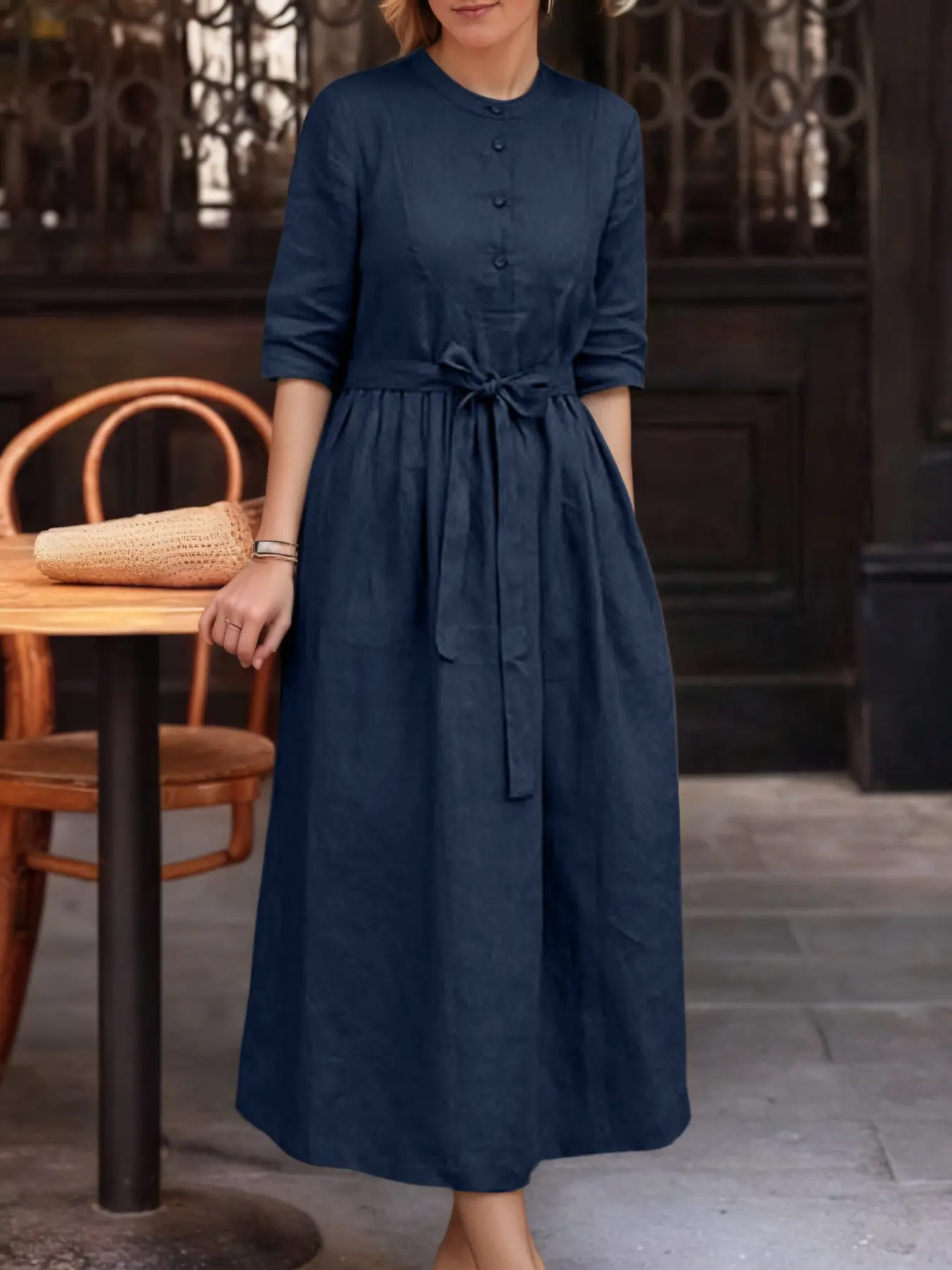 ZANZEA Women's Round Neck Half Sleeve Dress, Belt Pocket Design, Casual Style Long Dress, Everyday, Solid Color, Slim-Fitting, Unlined, Belted Lounge Dress, Summer Dress with Pockets