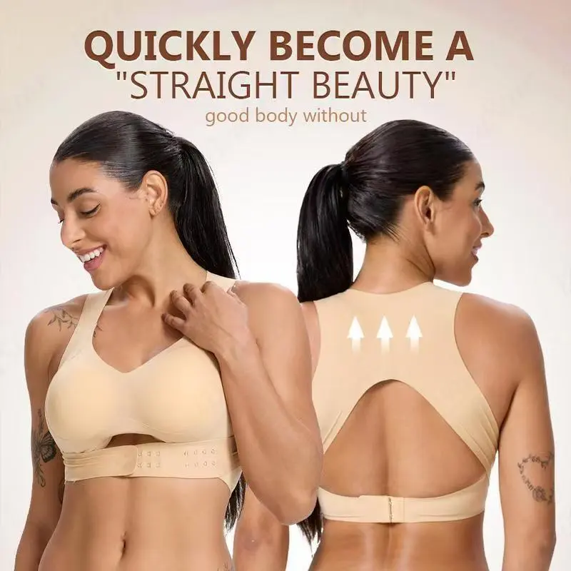 Women's posture-correcting sports bra with bust gathering and anti-sagging effect, wire-free bra with supportive lift, front-opening hollow-out posture corrector bra with adjustable hook fasteners, comfortable daily undergarment for back straightening
