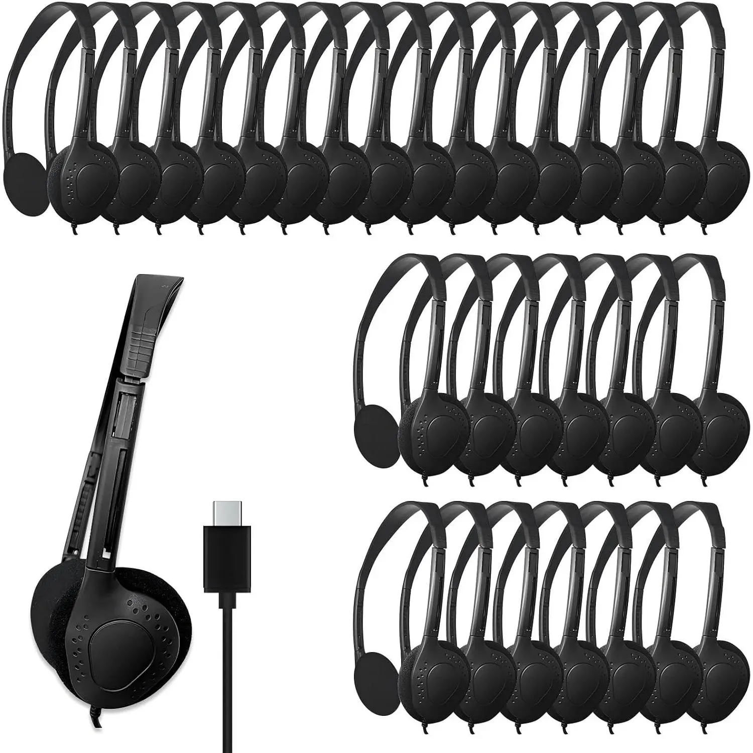 USB-C Headphones Bulk, 30-Pack Suitable for Classroom, School, , and Teenagers, USB Type-C Headphones Compatible with Pad and Smartphones (Black)