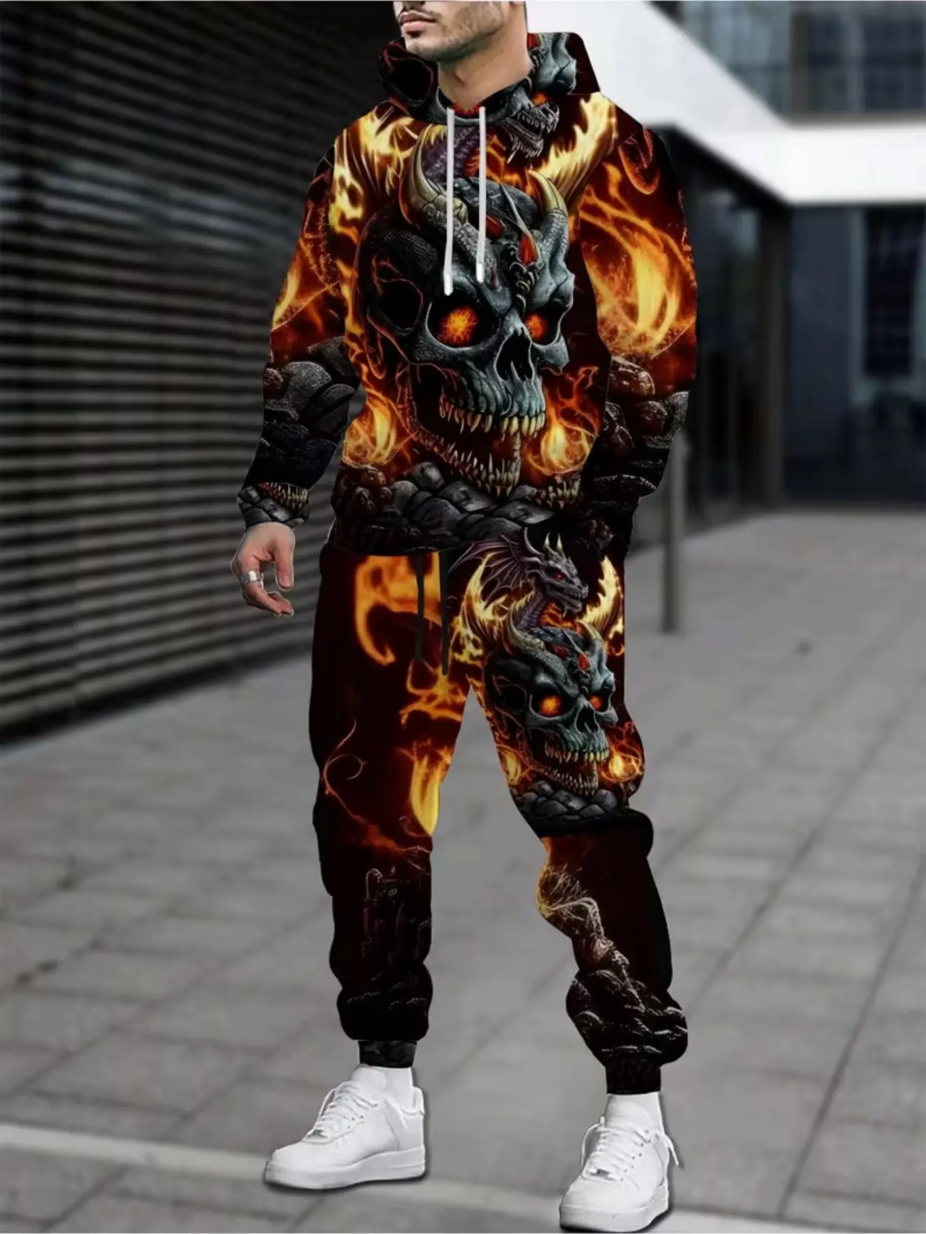 Men's Streetwear Hoodie Set, Long Sleeve Flame Skull Dragon 3D Print, Casual Loose-Fitting Long Pants, All-Seasons Geometric Pattern, Natural Waist