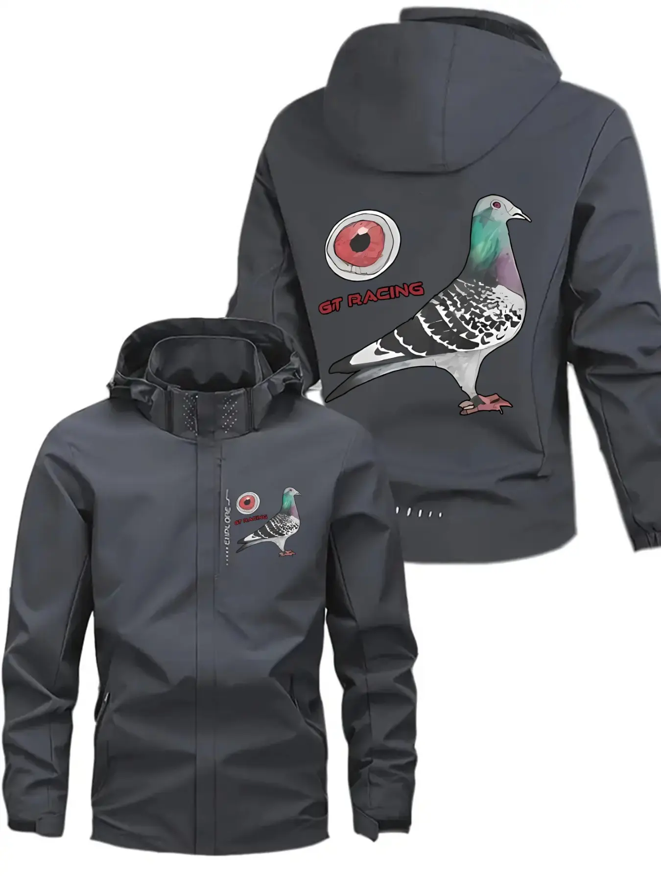 Men's Pilot Jacket with Dove Eye Logo, Fashion Zip Pocket Print Design, Casual Hooded Outerwear for Spring and Fall, Polyester Material