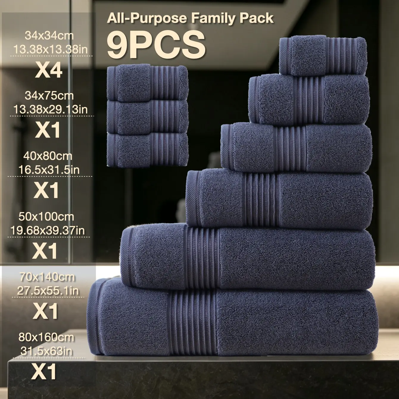 9-Piece Luxury Hotel Quality Towel Set, Multi-Size Pure Cotton Bath Towels, Super Absorbent, Soft & Shed-Free, Ideal for Adults & Kids