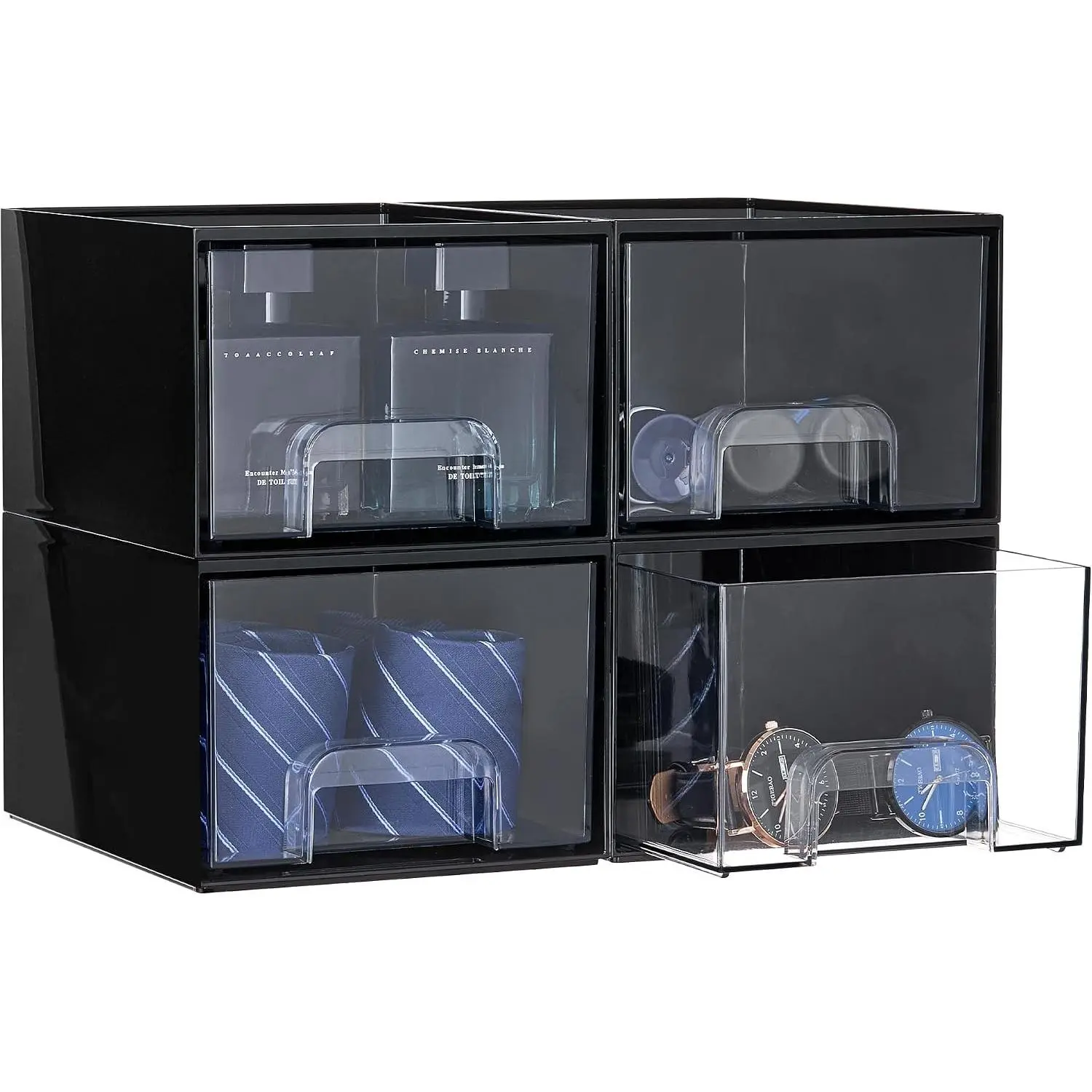 Black Small Stackable Plastic Storage Drawers - Men’s Cologne Organizer Boxes, Kitchen Vanity Dresser Office Desk Bathroom Countertop Organizer, Silicone-Free Indoor Furniture Decoration Gift, Beauty Products