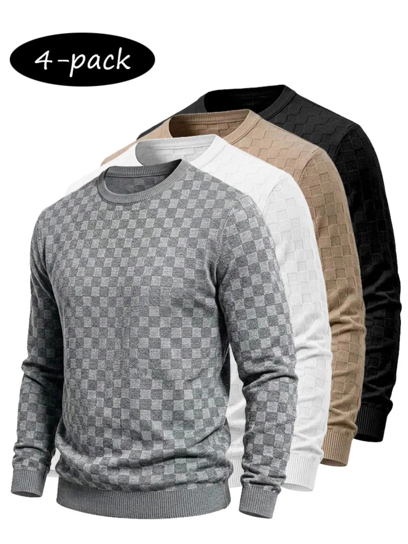 4-Pack Men's Plaid Knit Sweatshirts, Knitwear Textured Grid Pattern Long Sleeve, Soft Lightweight Casual Top, Ideal for Fall Winter Streetwear