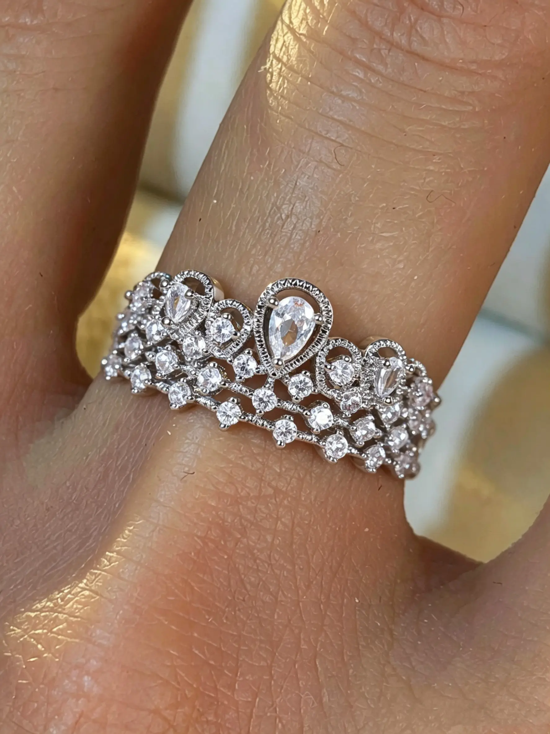 Exquisite Waterdrop Crown Rings for Women & Girls Micro-inlaid Zirconia Hollow Stackable Design Delicate Jewelry Perfect for Engagement Weddings Party, Daily Wear Anniversary Gift