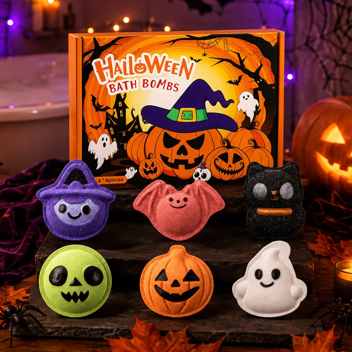 Halloween Bath Bombs Gift Set 6Pcs, Cute Ghost Pumpkin Bat Witch Cat Shaped Fizzy Bath Bombs, Natural Essential Oil Spa Bath Fizzers, Fun Halloween Gift for Kids Adults Party Bath Time