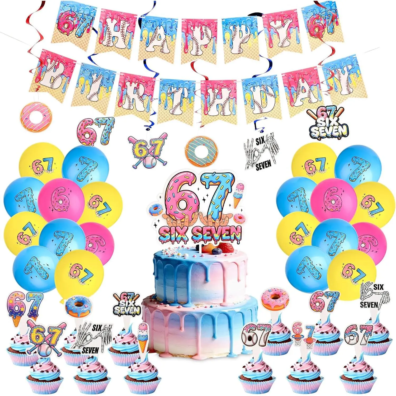 6 7 Birthday Decorations, 6 7 Baseball Drip Meme Party Decorations Set Included Baseball  Ornament Banner Toppers Balloons for Baseball Birthday Party or 6 7 Party Decorations