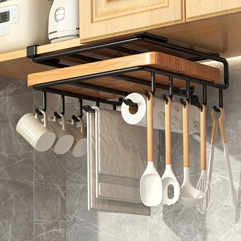Hangable Stainless Steel Adjustable No-Drill Under-Cabinet Hanging Kitchen Storage Rack, with Hangers, ABS Board Holder, Paper Towel Holder, and Pot Lid Organizer