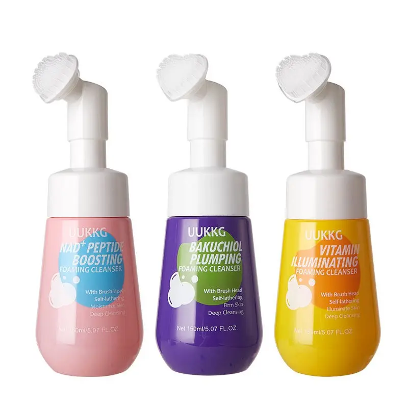 Uukkg Foaming Facial Cleanser with Massage Brush Head, 3 Formulas Bakuchiol/vitamin/nad+ Peptide, Deep Pore Cleansing, Gentle Makeup Removal