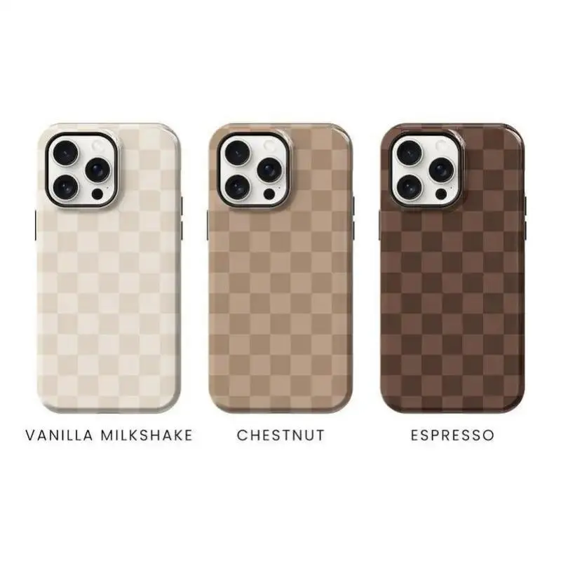 Neutral Brown & Cream Checkered Smartphone Shell - Handheld Cellphone Protection Case for iPhone 17,16,15,14,13,12,11,X & Samsung Series - Holiday Gift Option, Devices