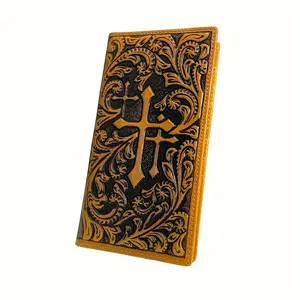 Men Floral Embossed Genuine Leather Wallet Western Slim Long Bifold Checkbook Credit Card Holder With Multi Card Slots Ideal Gift For Men