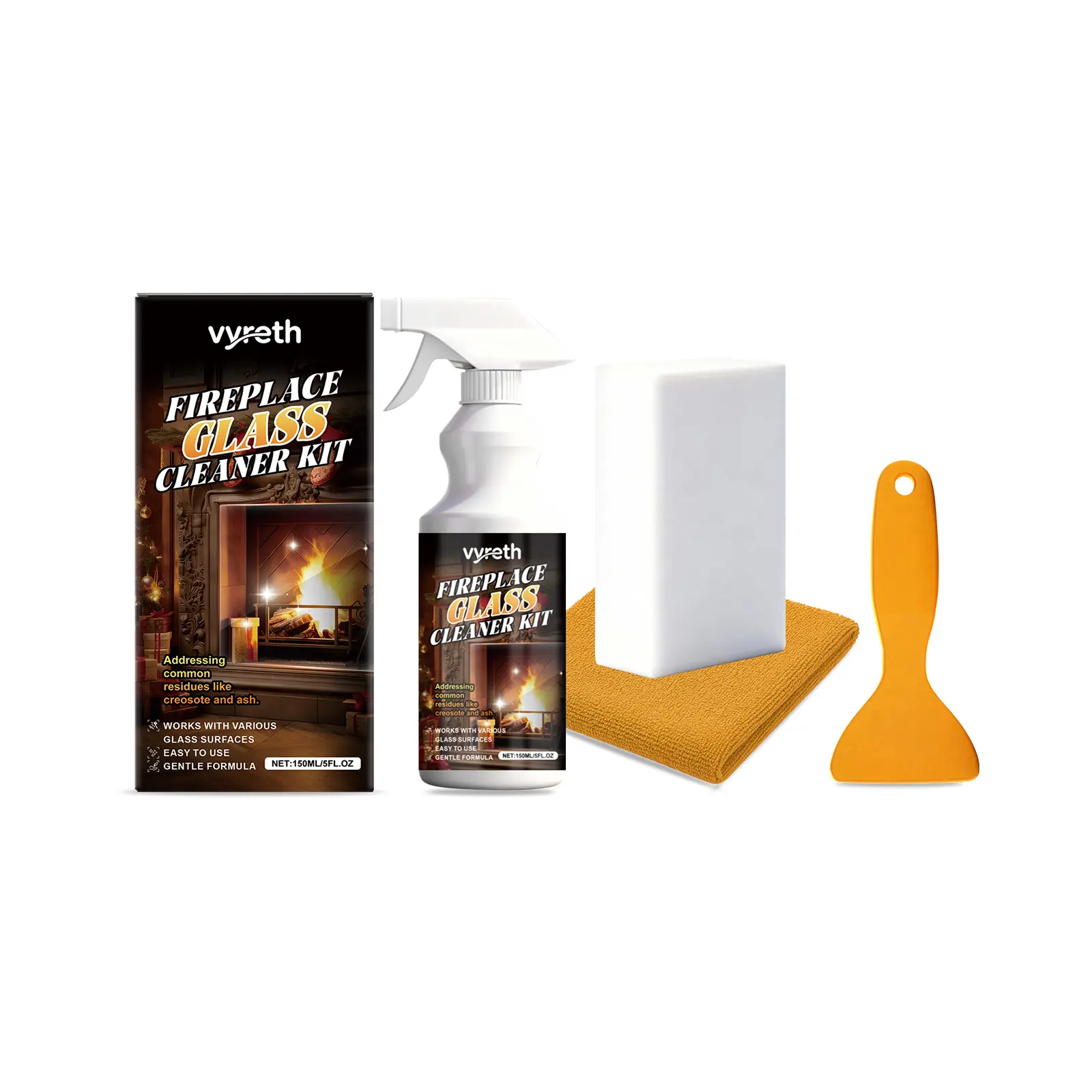 Vyreth Household Fireplace Glass Cleaning Kit - Practical, Compact, Easy-to-Use Home Care Tool Set with Surfactants (Fatty Alcohol Polyoxyethylene Ether) for Fireplace Glass Stain Removal (3-Year Durability)