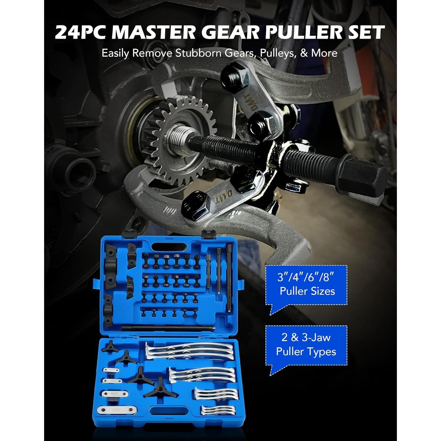 Gear Puller Set, 3" 4" 6" 8" Bearing Puller Kit, 24 count 2 Jaw & 3 Jaw Gear Puller with Reversible Jaws, Heavy Duty Pulley Puller Tool for Pulley Gear Bearing Flywheel Removal