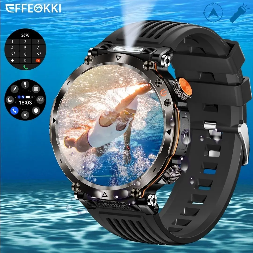 Effeokki Men's Calling Smart Watch, Tactical Outdoor Sports Watch with Call Function, IP68 Waterproof, 1.7 Inch Large IPS Display, LED Flashlight, Compass, Altitude, Pedometer, 600 mAh Battery, Fitness Tracker, Compatible with iPhone & Android