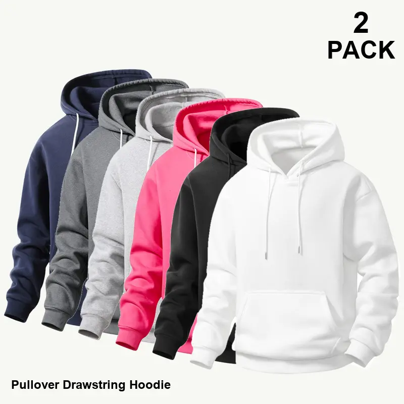 Men's 2-Pack Mixed Assorted Colors Pullover Hoodies Set - Menswear Tops, Casual Longsleeves Plain Relaxed Fit Drawstring Hooded Sweatshirts with Kangaroo Pockets, Sizes S-XXL, Everyday Layering, Assortment 46, Drawstring Neck