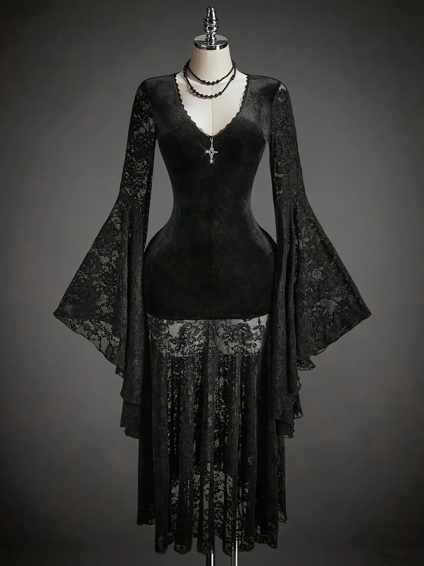 Elegant Gothic Lace Dress, Deep V Neck, Flared Sleeves, Velvet and Lace Combination, Waist-Cinch Design, Mystical and Alluring
