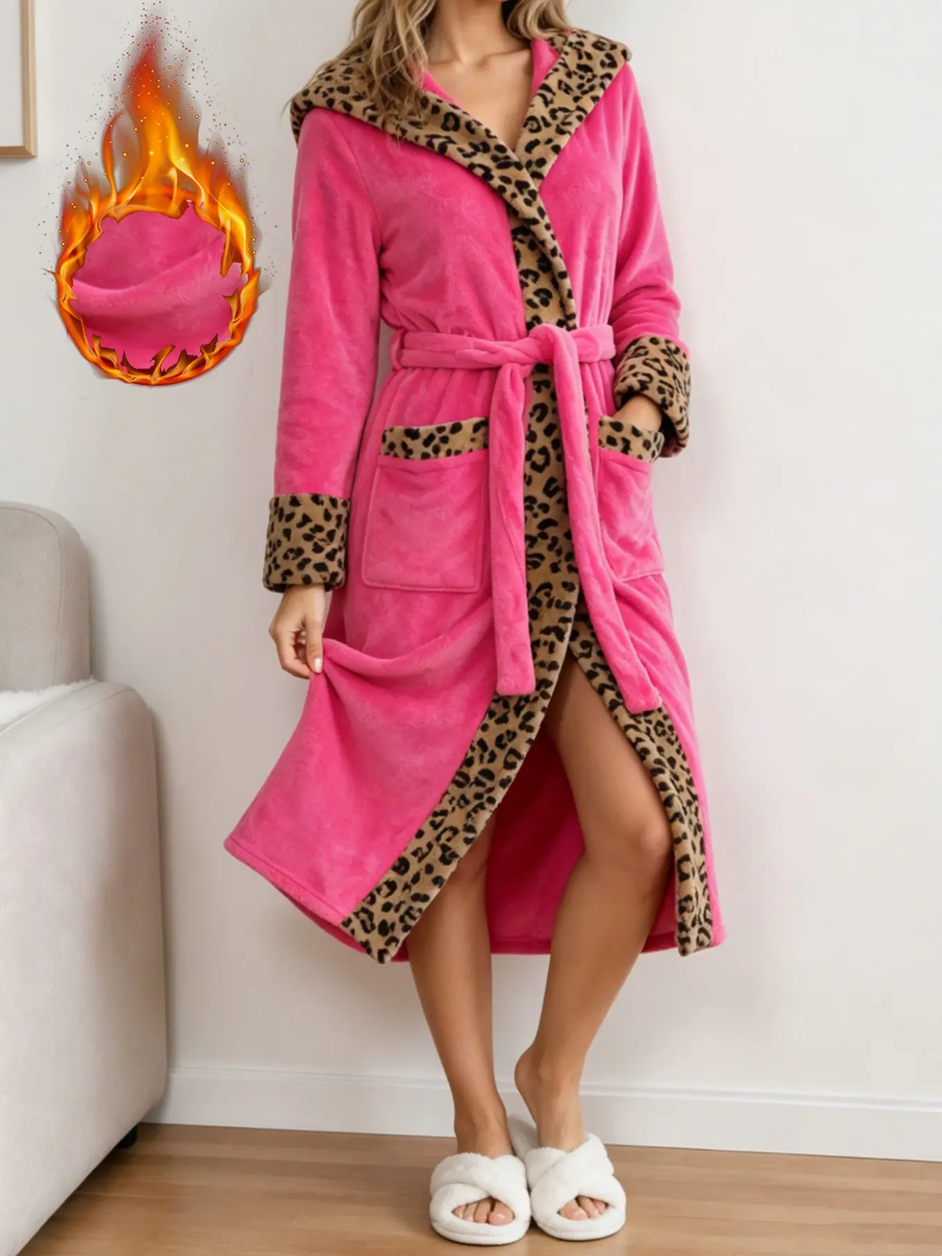 Women's Vintage Leopard Print Sleep Robe, Hooded Double Pocket Design, Thick Flannel Tie Bathrobe, Casual Long Home Robe, Loungewear Nightwear, Three Colors Available