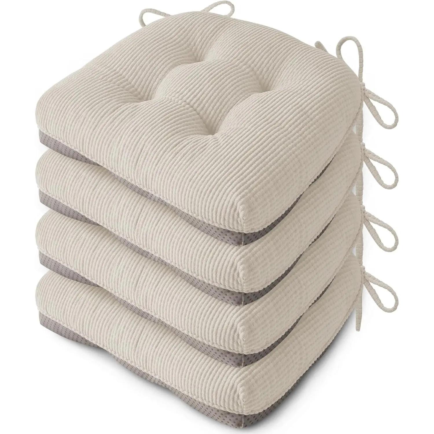Beige Tufted Tie-On Dining Chair Cushions Set of 4 (18"X16.5"X3") - Soft Fabric Anti-Slip Indoor Kitchen Seat Pads, Dining Chairs, Single Seats, Tufted Look