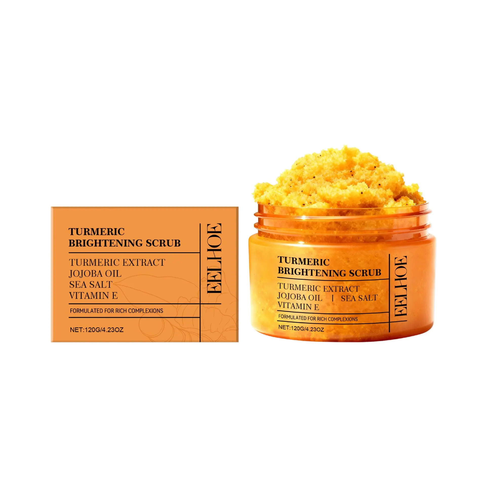 Turmeric Scrub, enriched with sea salt, jojoba seed oil, and grape seed oil, gently cleanses the skin, leaving it moisturized, soft, smooth, and refreshed. A nourishing Body Care scrub.