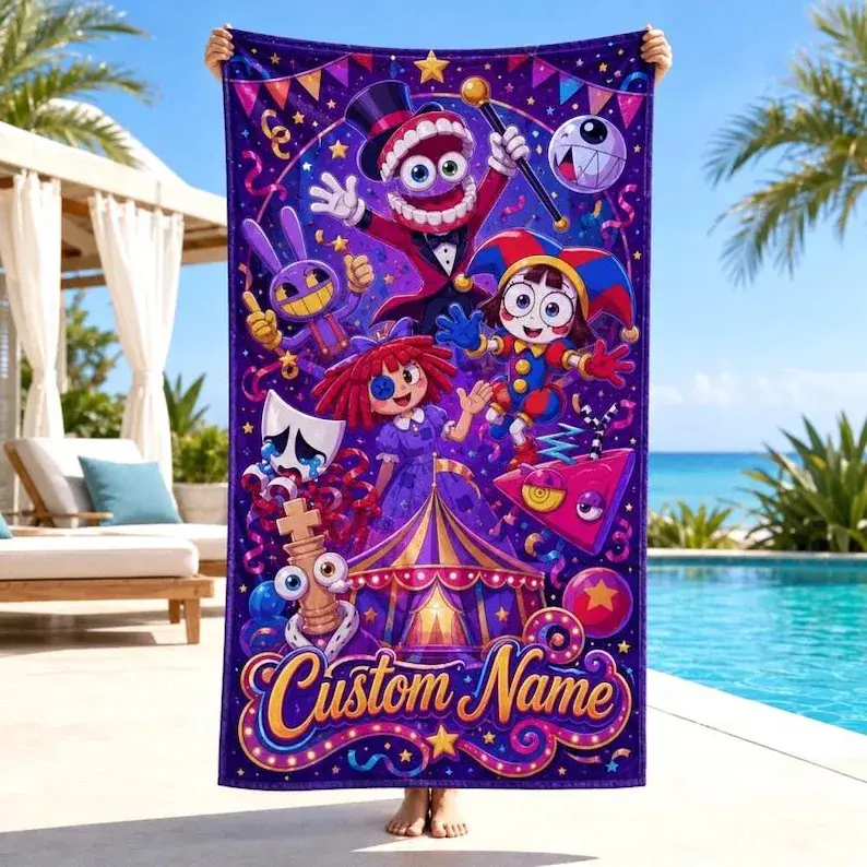 Quick Dry Personalized Beach Towel Custom Name The Amazing Digital Circus Cartoon Print Lightweight Summer Beach Pool Towel For Kids Game Fans