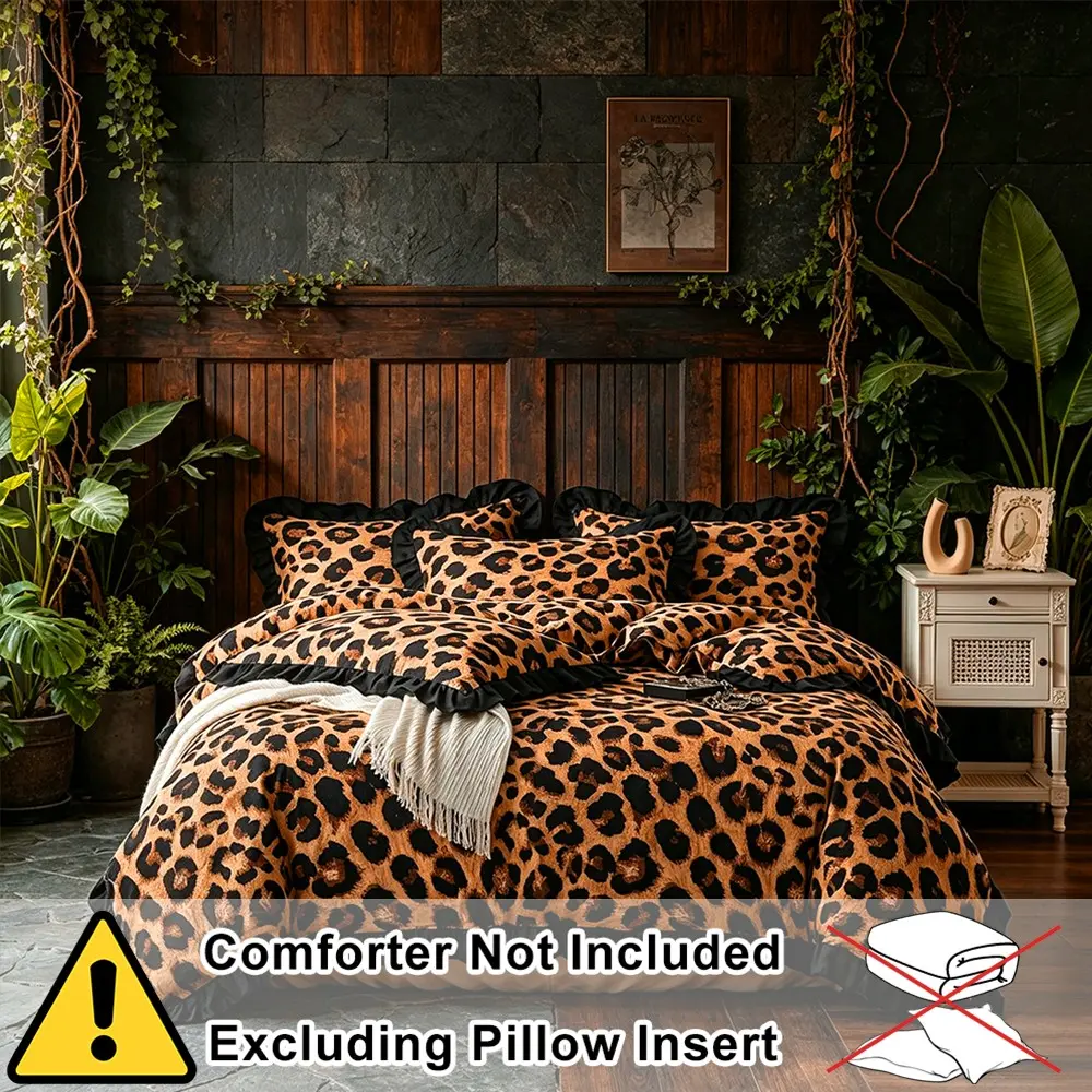 Leopard Print Ruffle Bedspread Set, Leopard Bedding Set, 2 or 3 Piece, Smooth Zipper, Breathable Comfort, Includes Pillowcase, Ideal Gift