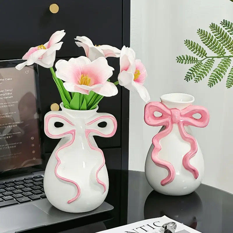 1 whimsical bow resin vase - Romantic wedding and home decor, elegant pink and white floral design, perfect gift for brides, girlfriends, birthdays, graduations, charming centerpiece decoration, wedding vase, Ceramic vase, Flower Vases, Vase For Flowers