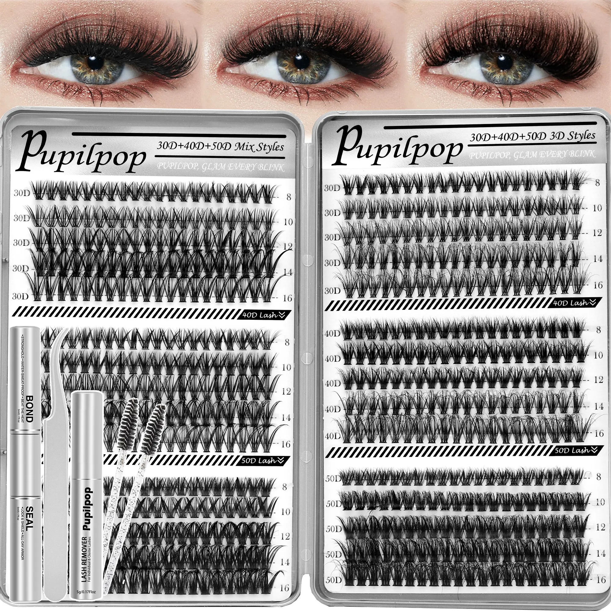 Pupilpop Mix Style Volume Lash Clusters Set – 3D Effect with 30D/40D/50D Density Options, 8–16mm D-Curve. Complete Kit with Bond, Seal, Remover, Tweezers & Brushes for Easy DIY at Home.