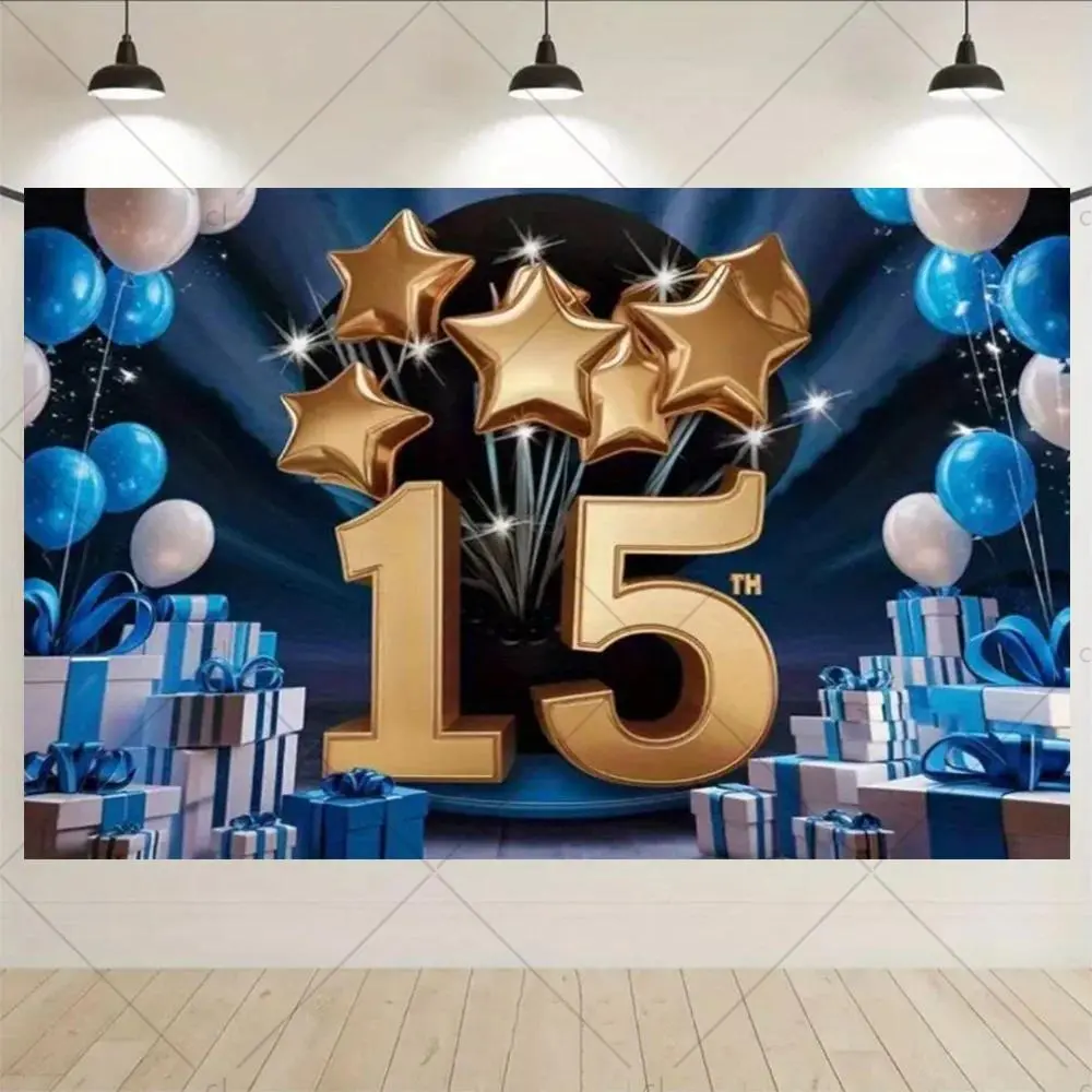 15th Birthday Polyester Backdrop Banner - Lightweight Classic Home Decor Tapestry, Blue-Pink Balloon Accent Photo Booth Wall Piece for Room & Family Use, Independence Day & Father's Day Bag-Friendly Indoor-Outdoor Home Supplies