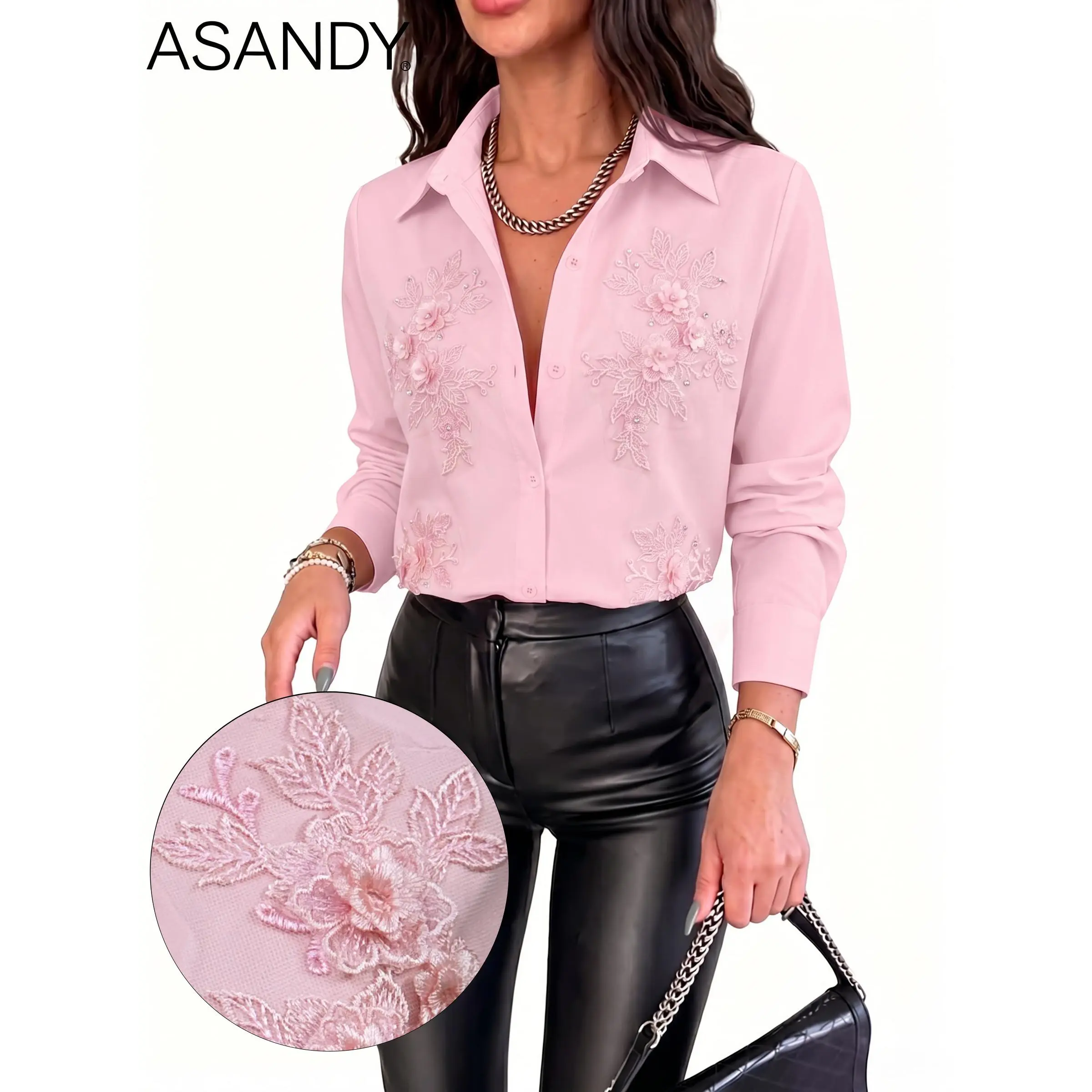 ASANDY Women Pastel Pink 3D Floral Lace Embroidered Long Sleeve Button Down Collared Blouse Elegant Feminine Dressy Shirt Luxury Chic Office Wedding Guest Brunch Daily Casual Streetwear Layering Top