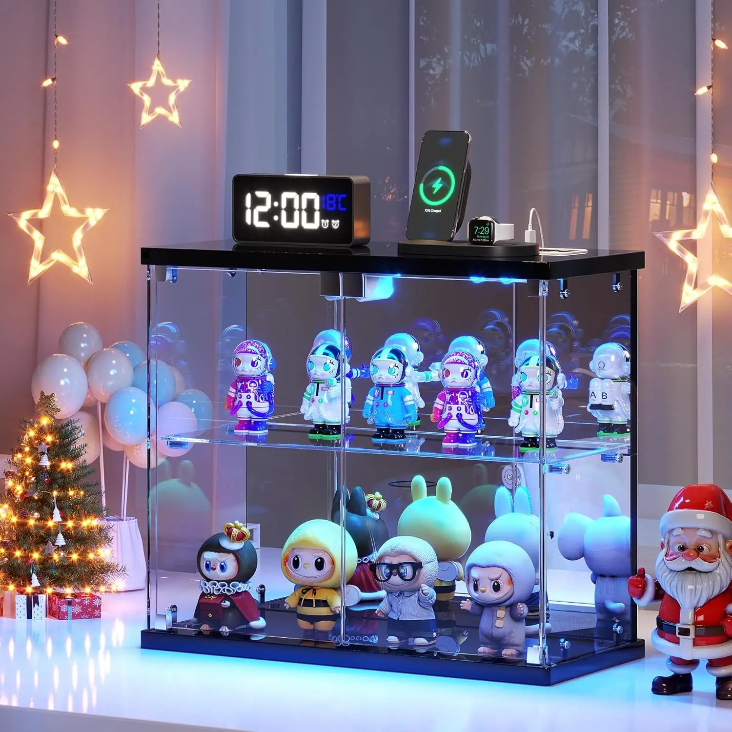 Glass Display Case with LED Lights, Small 2-Tier for Figures | Lighted Display Cabinet with Motion Sensor, Clear Tempered Glass Door, USB-C Charging Hub for Collectibles, Rocks, Tabletop