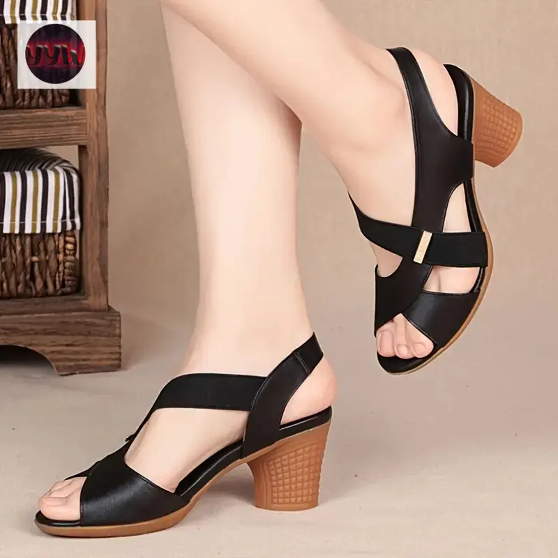 Women's YYW1 Chunky Heeled Peep Toe Sandals - Elastic Pull-On Straps - All-Match Going Out Shoes,shoes for back to school,back to school shoes