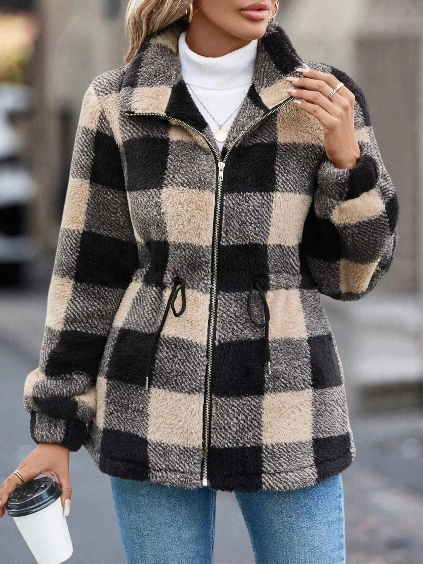Women's Thick Plush Coat, Fall Winter Long Sleeve Checkered Lapel Zipper with Pockets, Style Outerwear