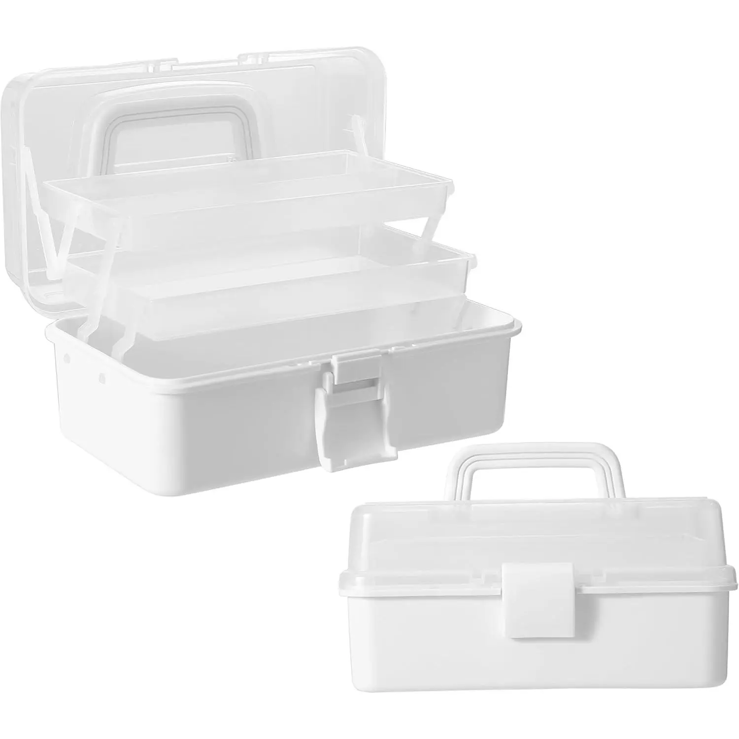 11 Inch 3 Layer Folding Organizer Box, Multi Compartment Storage Case with Dual Trays for Crafts, Jewelry, Sewing Supplies, Toys & Tools
