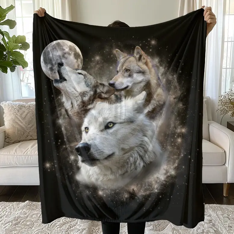 Vintage Wolf Blanket, Weirdcore Cosmic Wolf Pack Graphic Print Fleece Throw, Wolf Lover Gift for Bedroom Living Room Camping, Unique Boho Bohemian Bedding