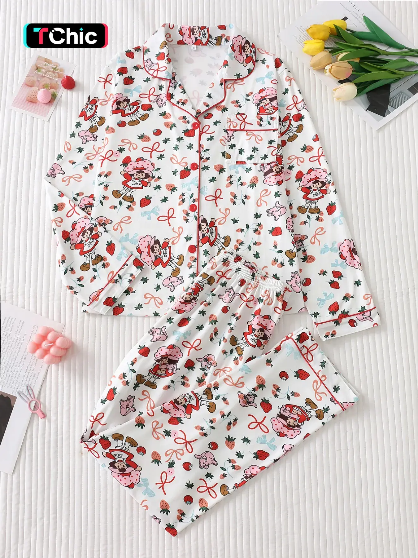 Two-Piece Sweet Strawberry Cartoon Girl Pajama Set, High-Quality Satin Fabric, Smooth Comfortable, Long Sleeve Top and Pants, Elegant Style, Cartoon Pattern Pajamas, Fruit Print Pajamas