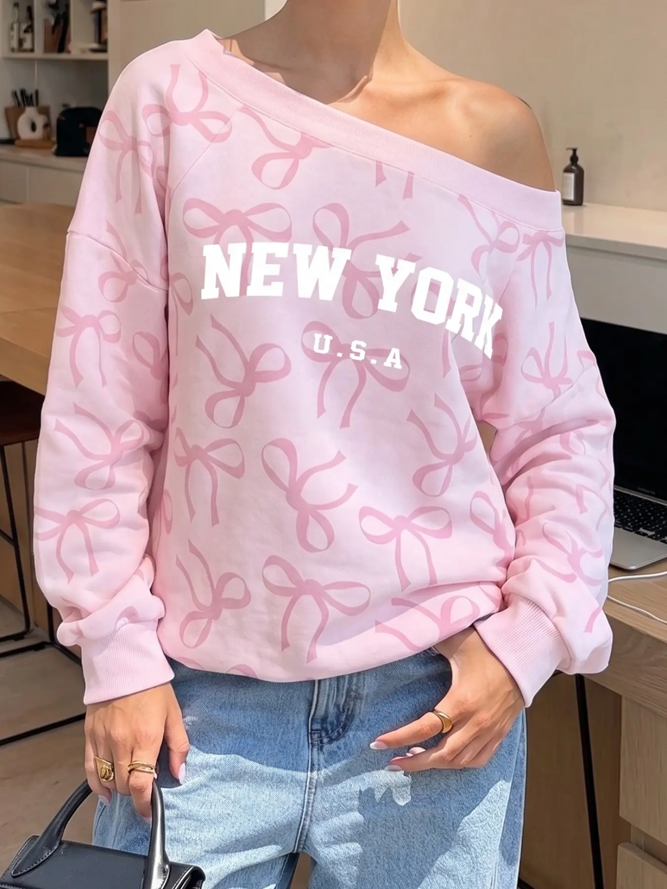 Viral TikTok Off Shoulder Bow Print Sweatshirt - Soft Fleece High Elastic Loose Long Sleeve Top, New York Letter Graphic Casual Streetwear, 4-Way Stretch Breathable Non-Shrink, Y2K Daily Loungewear