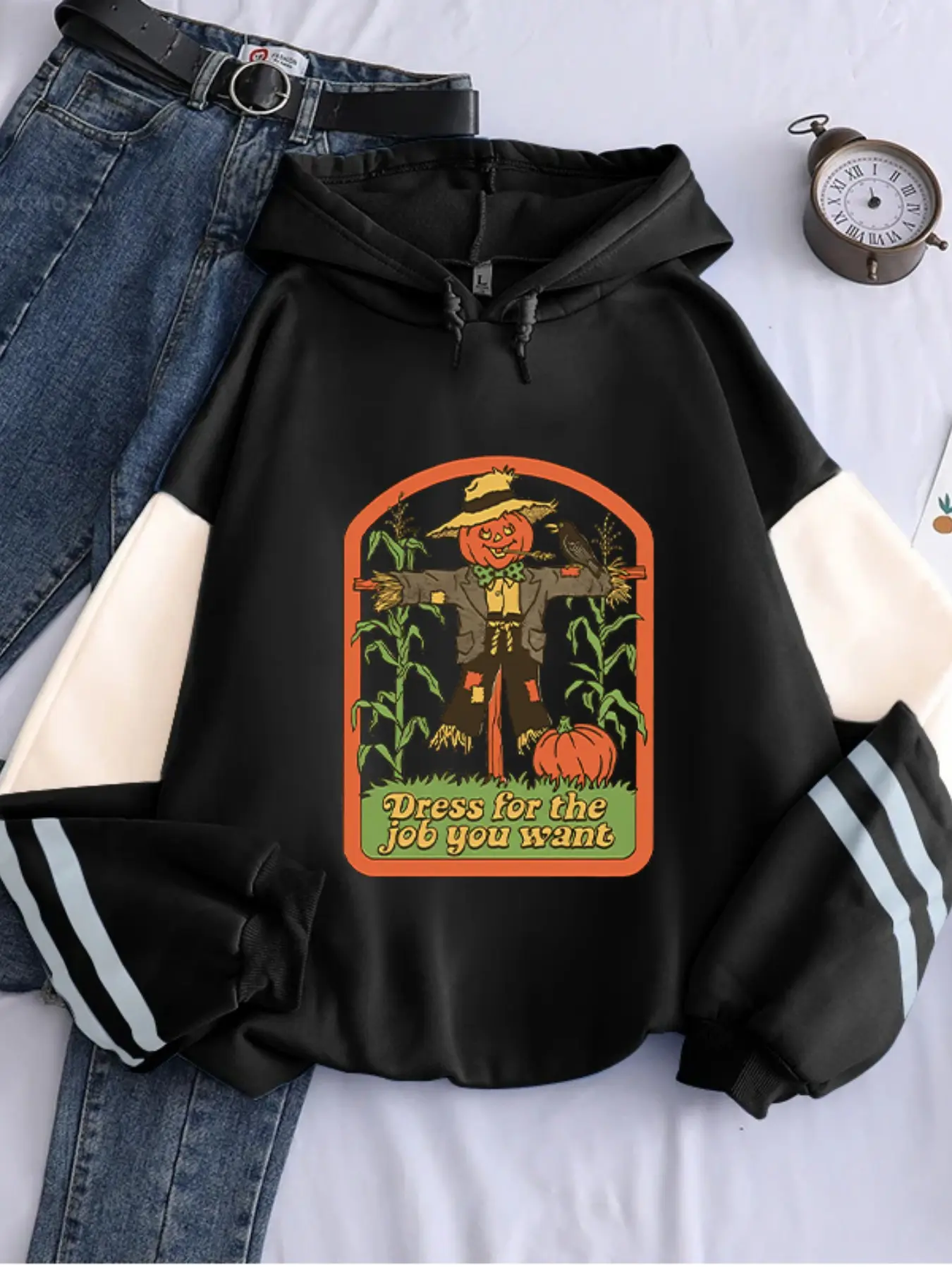 Halloween Pumpkin Strawman Retro Fall Winter Dark Fun Casual Fashion Patchwork Reflective Long Sleeve Fleece Hoodie, Unisex Loose Fit Sweatshirt