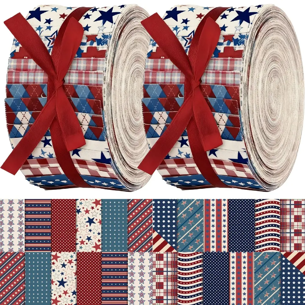 38Pcs Vintage Independence Day Fabric Strips Patriotic 4th of July Precut Quilting Strips 2.55x19.7 Inch Cotton Fabric Bundle for Festive DIY Sewing Gifts