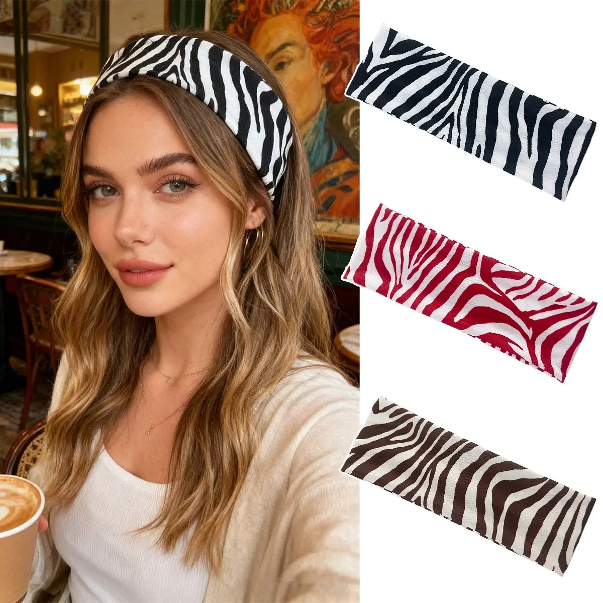 Women's Zebra Print Wide Headband High Stretch Yoga Workout Hair Band Soft Non-Slip Fashion Hair Accessories for Running Makeup Skincare Gym Daily Wear Travel