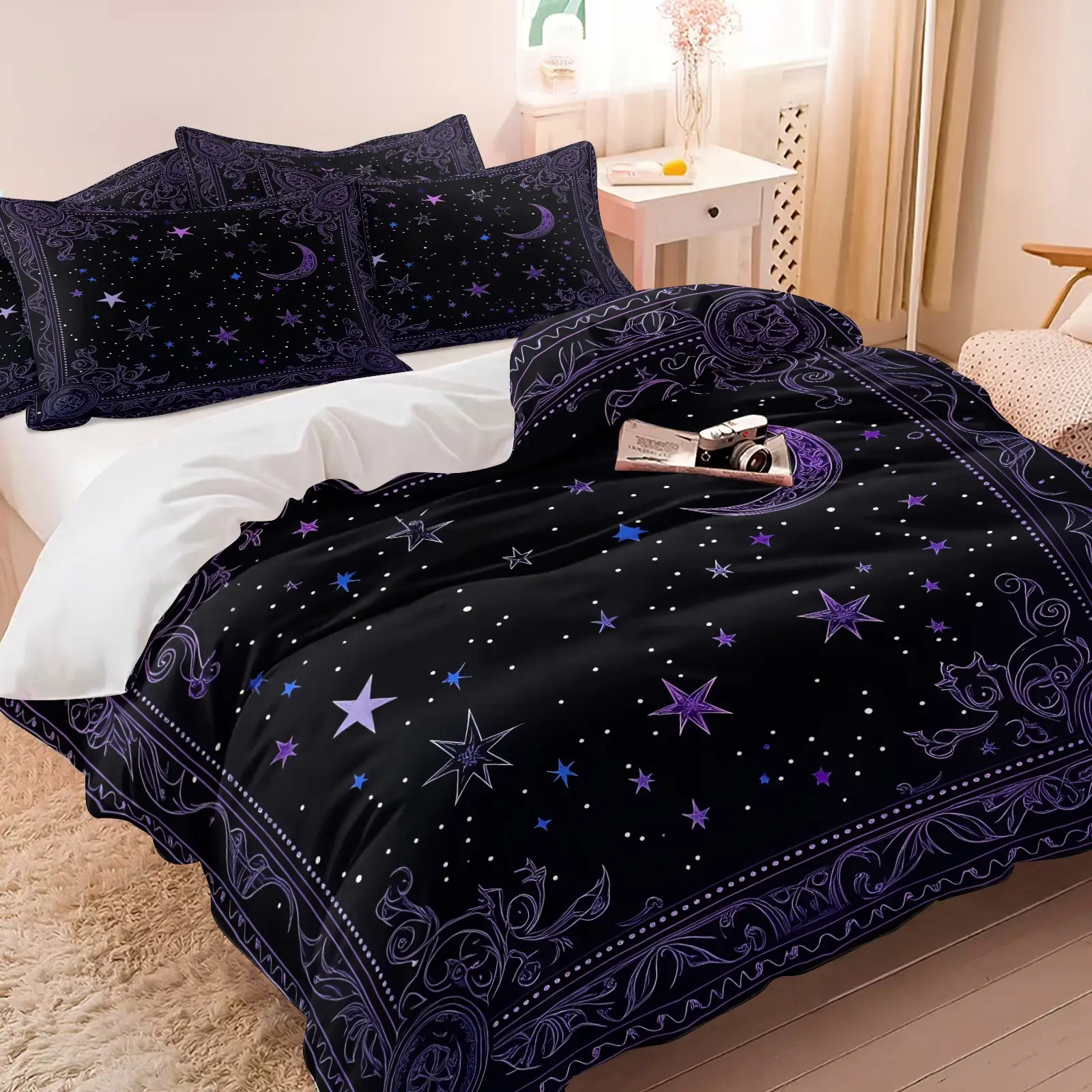 Gothic Purple Moon Star Duvet Cover Set, 1 Duvet Cover + 1/2 Pillowcases, HD Digital Print Vintage Border Celestial Pattern, Skin-Friendly Wrinkle Resistant Microfiber, All Season Breathable Bedding, Soft Bedding Sets, Room Decor for Teens Youth