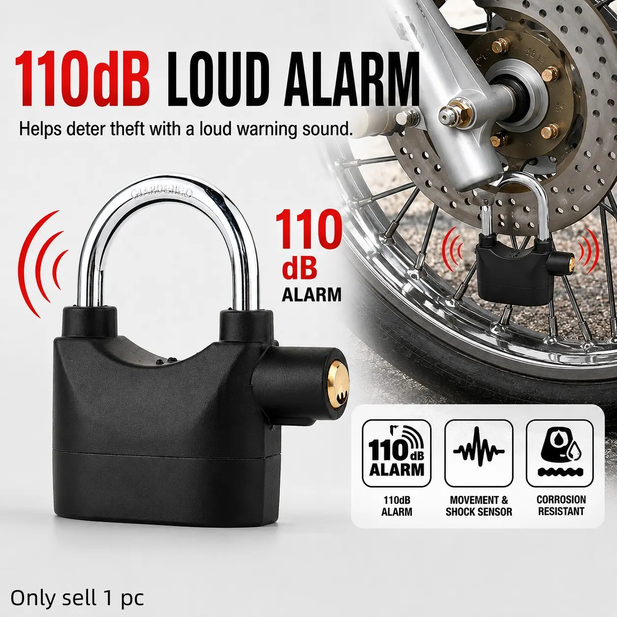 110dB Alarm Hanging Padlock, Outdoor Security Lock with Loud Alarm and 3 Keys, Anti-Theft U Shackle Lock for Garages, Fences, Gates, Sheds, Storage Units, Bikes and Motorcycles, High Security Padlock