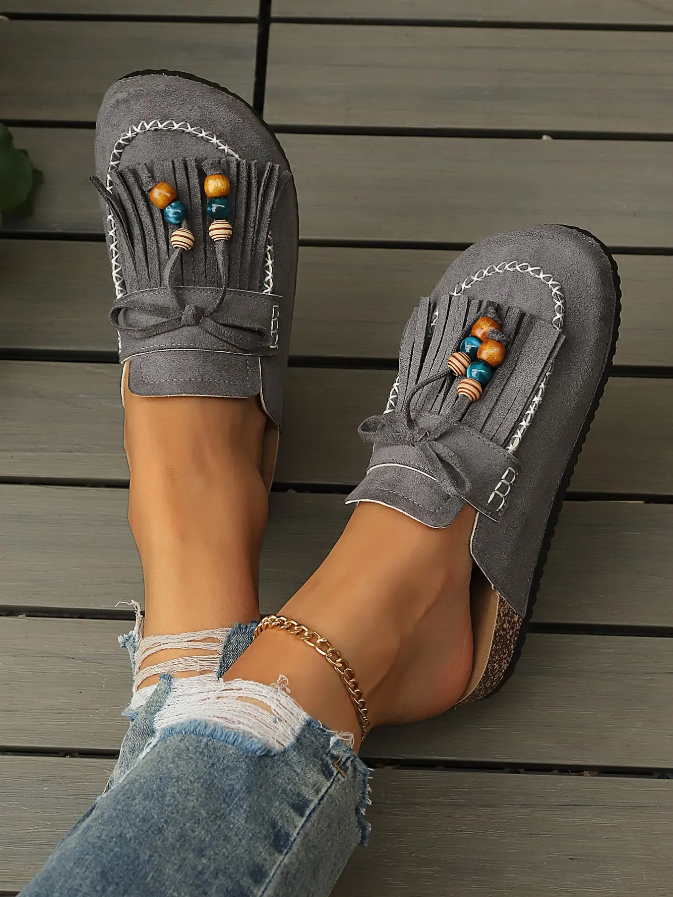 Women's Camel Color Sandal, Bohemian Retro Style, Comfortable Large Size, Fringe Wooden Bead Design, Soft Sole, Casual Half Tab Shoes, Mule Flats, Rubber Mules